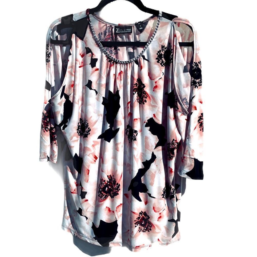 NY & CO Pink and Black Floral Cold Shoulder Top Sz S